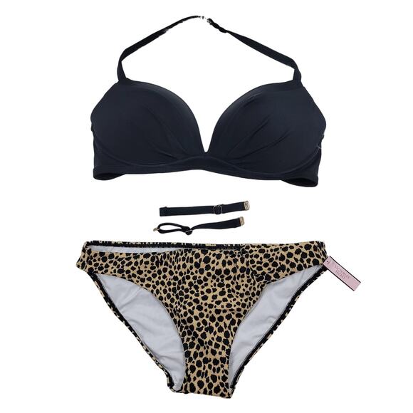 Victoria Secret Black Bikini Top NWOT 36D Bottom Animal Print L NWT - Picture 1 of 6
